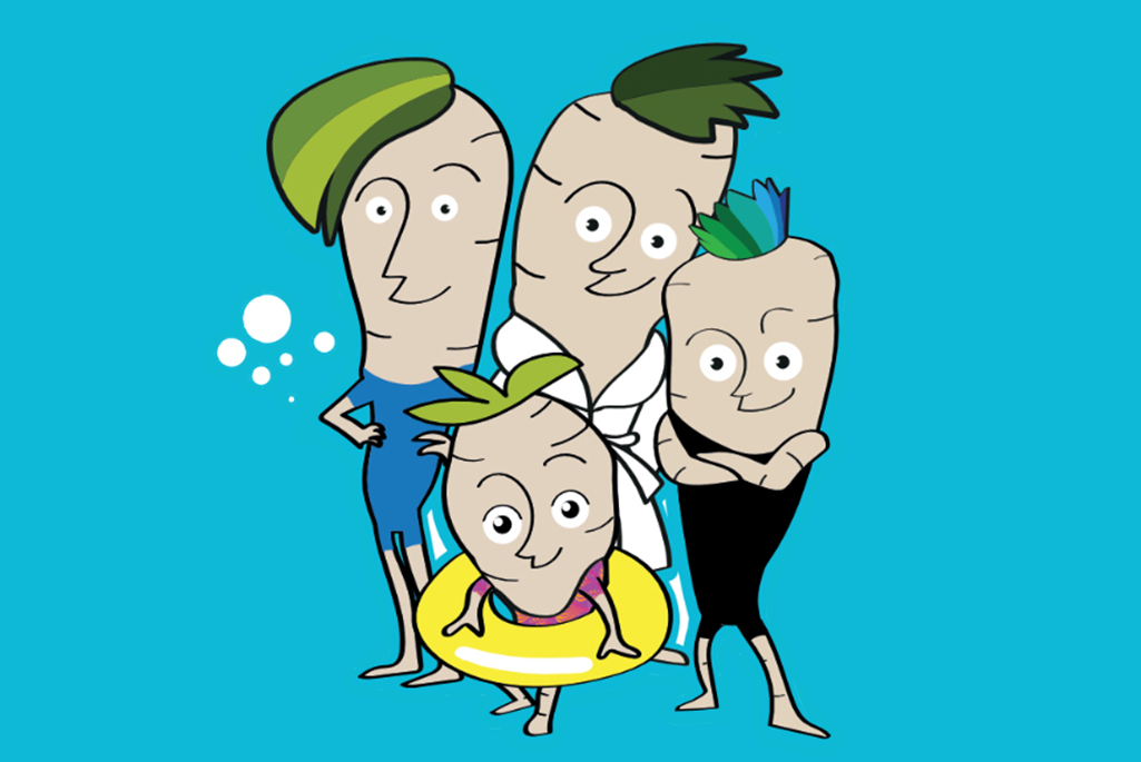 En tecknad bild på familjen pepparrot som består av två vuxna och två små pepparrötter.