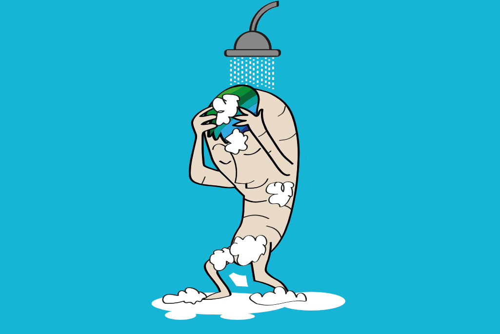 Bild på en tecknad pepparrot som duschar med schampoo.