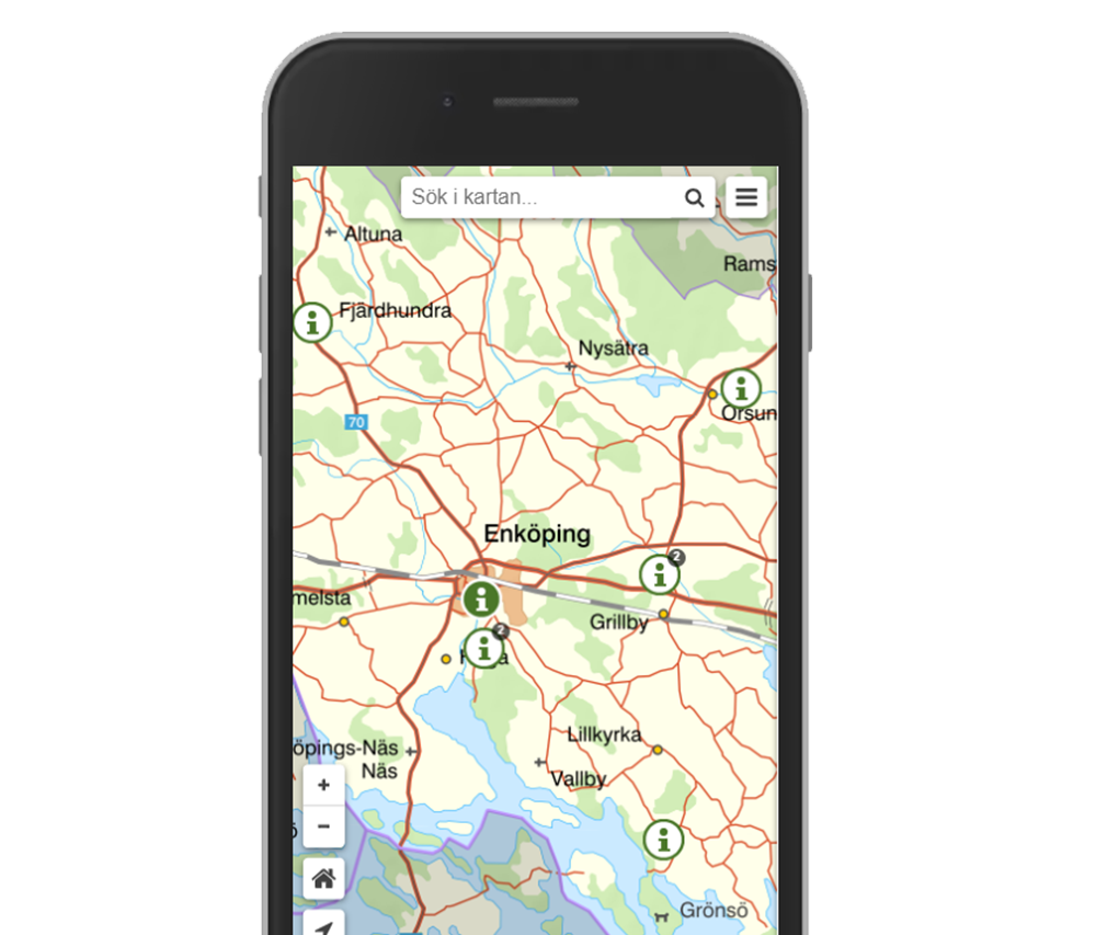 Illustration av en mobil med en karta över Enköpingsområdet på skärmen.